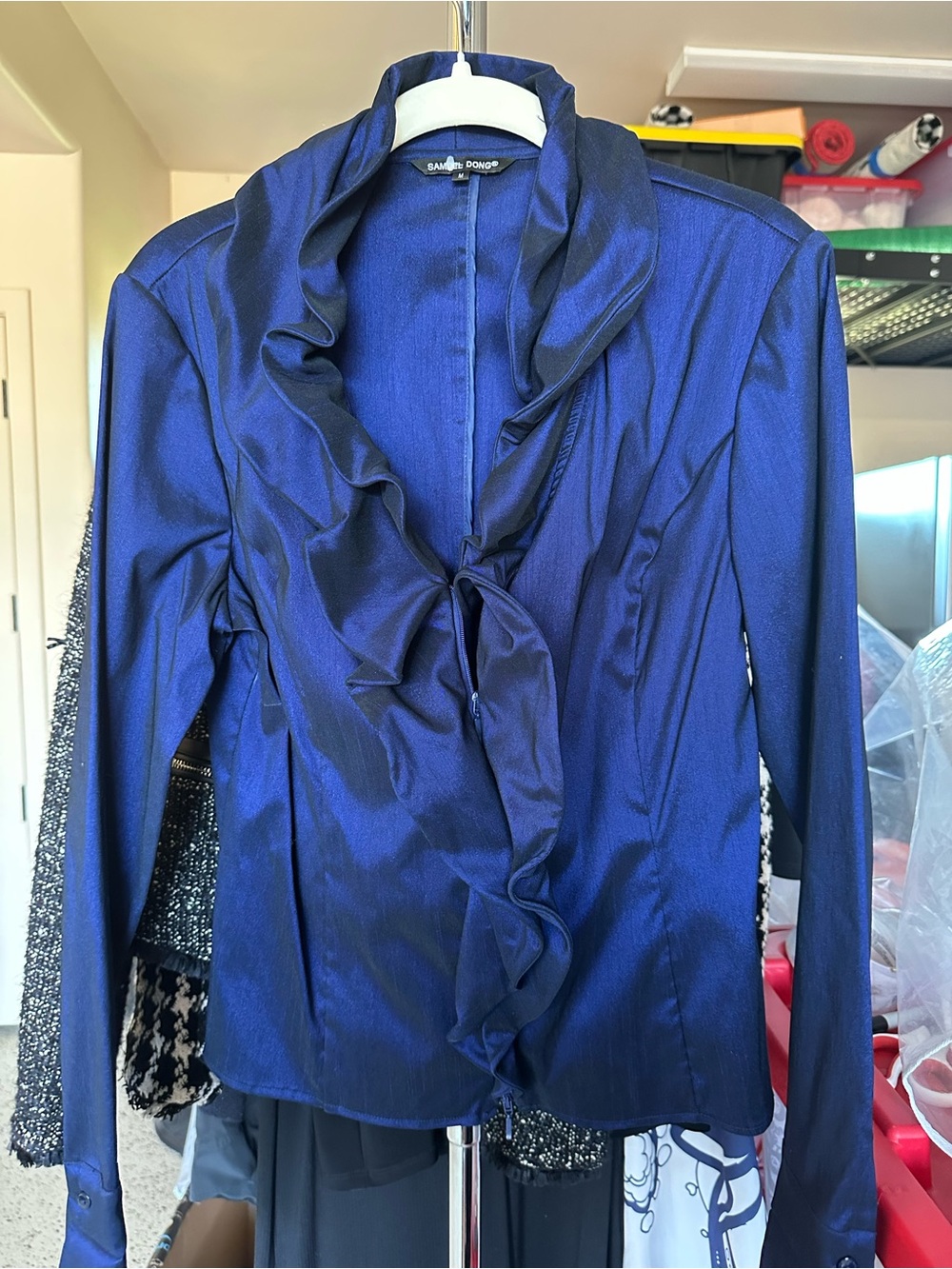 Samuel Dong Royal Blue Ruffle-Front Satin Blouse